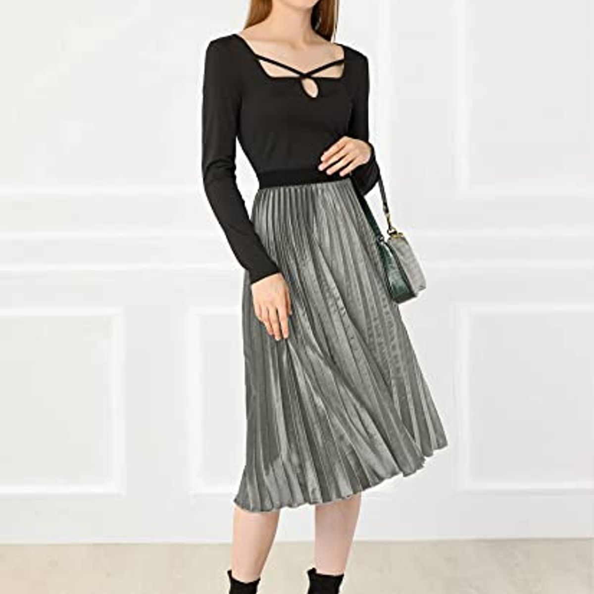 EDWINAYY - Falda Long Adelgazar Cintura Alta Plisada Elegante