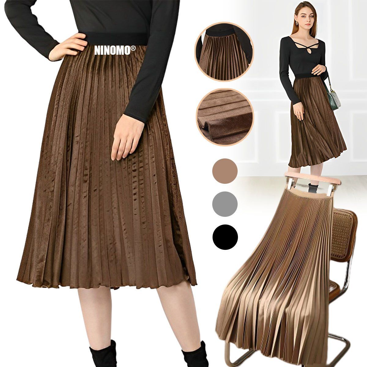 EDWINAYY - Falda Long Adelgazar Cintura Alta Plisada Elegante