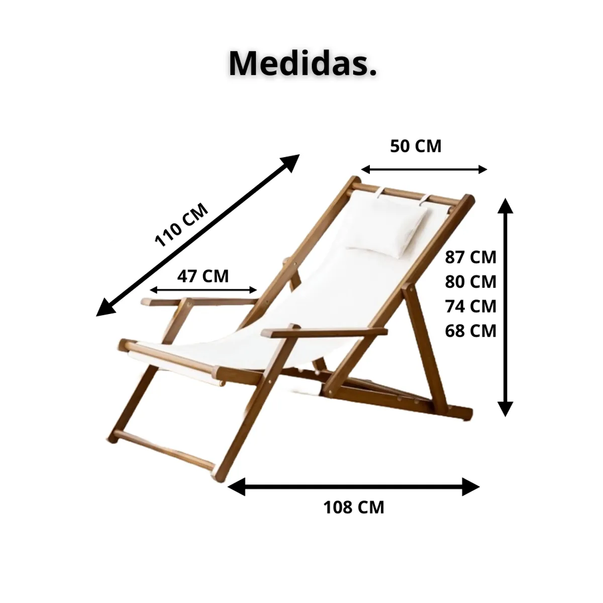 CRUSEC - Silla De Playa Reposera Plegable De Lona Y Madera Exteriores Blanco