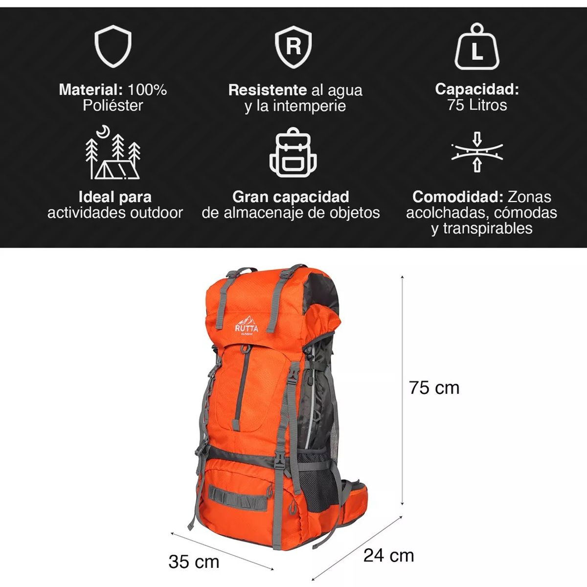 GENERICO - Mochila Camping 75l Color 1618650 - Naranjo