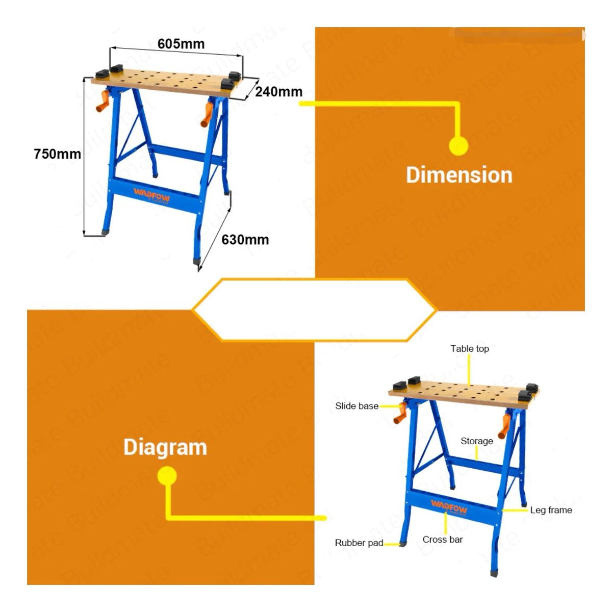 WADFOW - Banco De Trabajo Plegable Wadfow 100 Kg 60x63x75 Cm Wwe1525