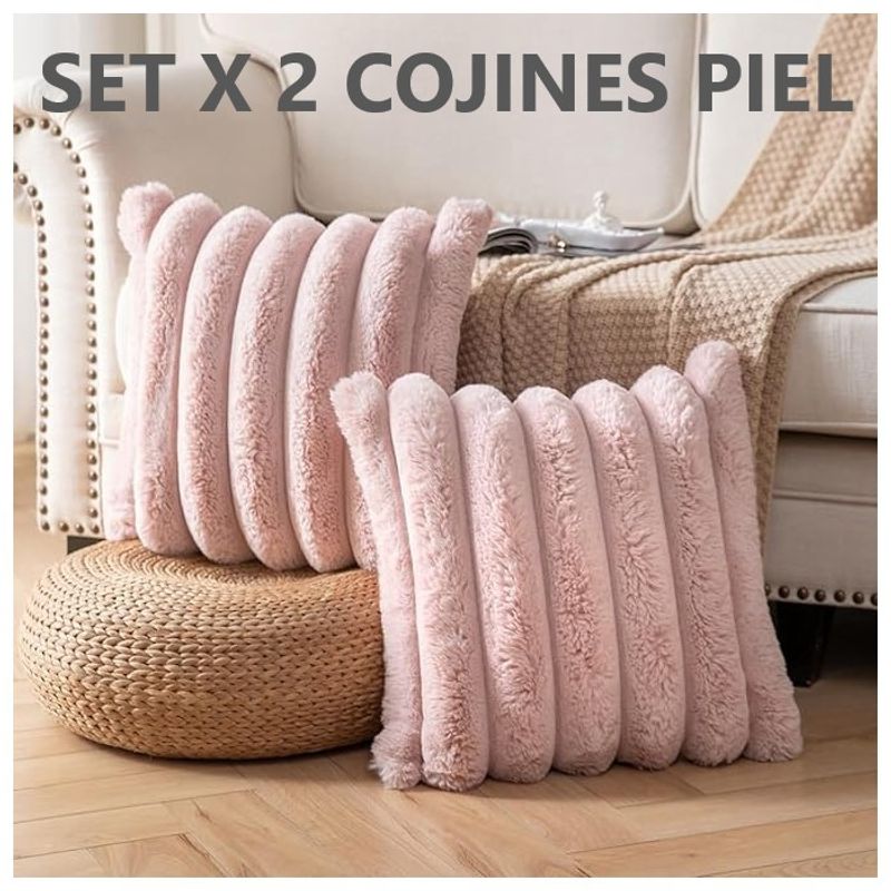 COMPRAPO - Set X 2 Fundas para Cojín Tipo Piel de Conejo Color Rosa 45x45 cm