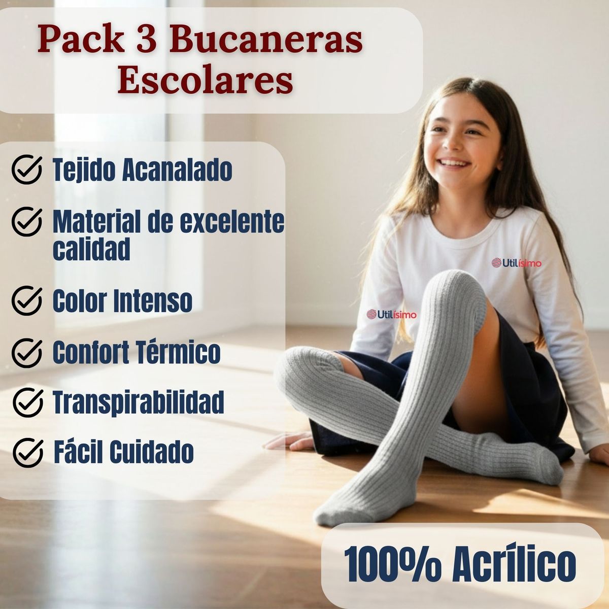 UTILISIMO - Pack 3 Bucaneras Escolares Calcetines Acrílico Color Gris