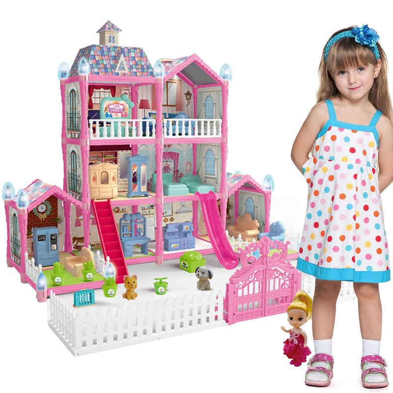 GENERICO - Casa De Muñecas Clásica De Madera Rosada Con Accesorios