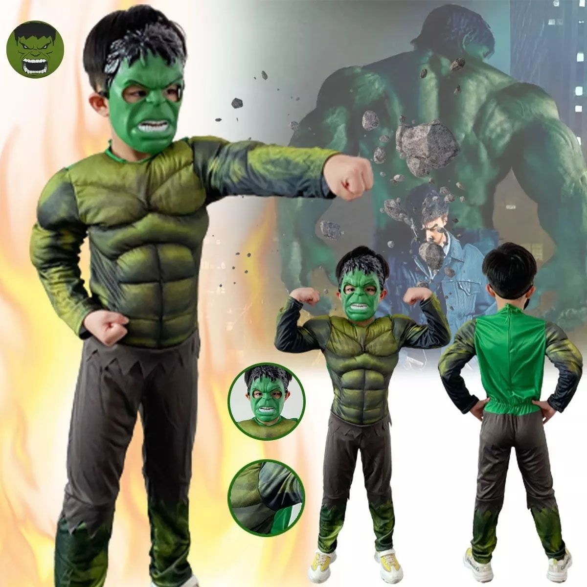 EDWINAYY - Traje Músculo Hulk Infantil Máscara No Luminosa Disfraz