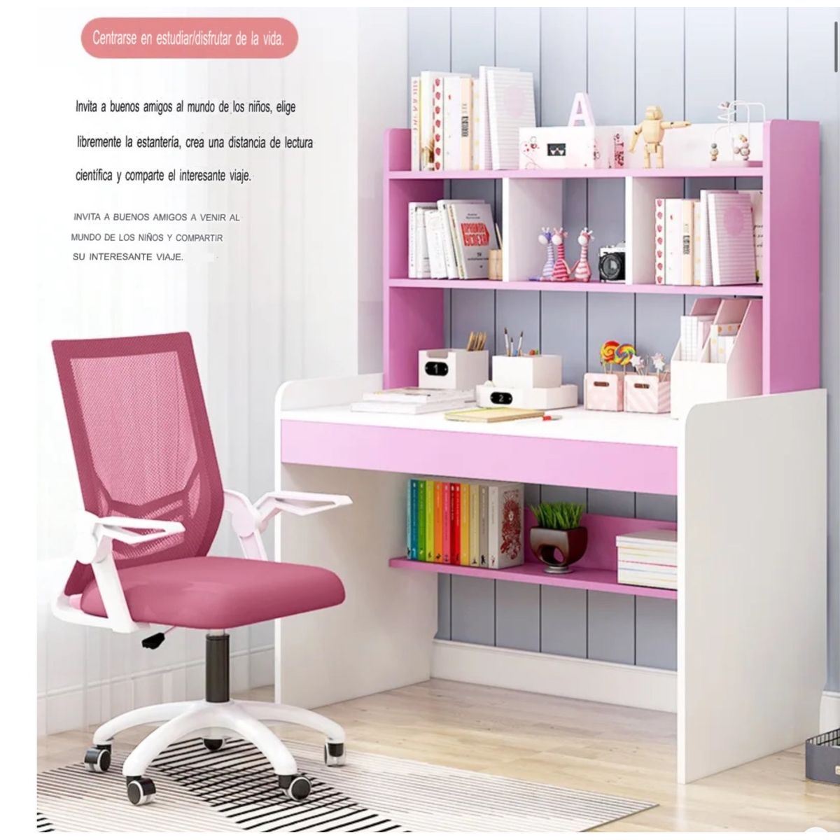 ACTUAL - Escritorio Escolar Con Repisas Superiores Rosado