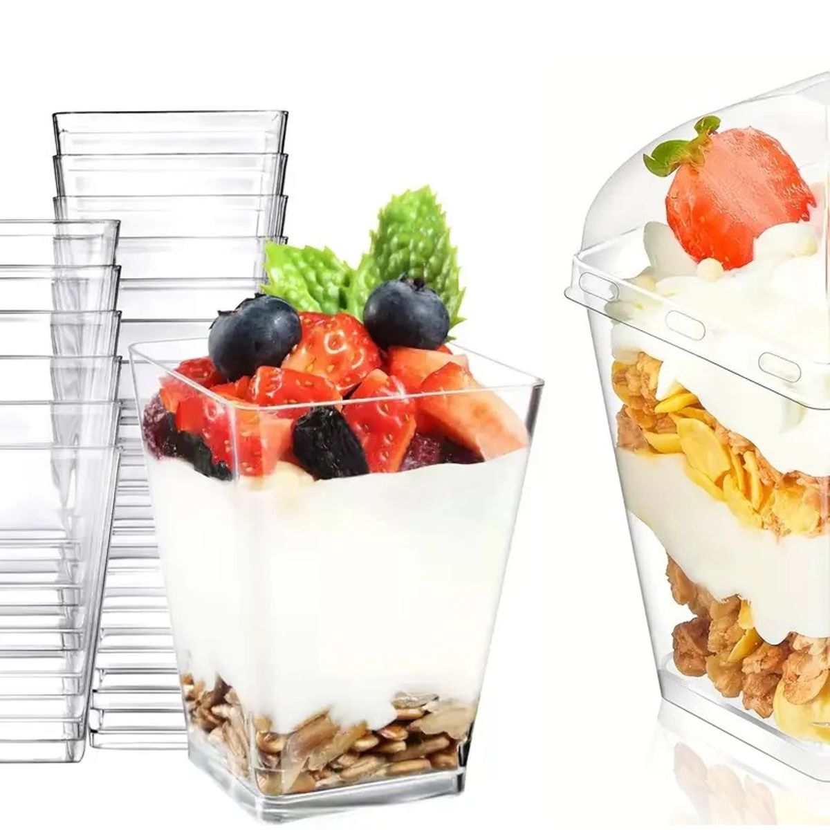 GENERICO - Pack X50 Vasos Acrílico Con Tapa Para Postres 150ml Pocillos Envases