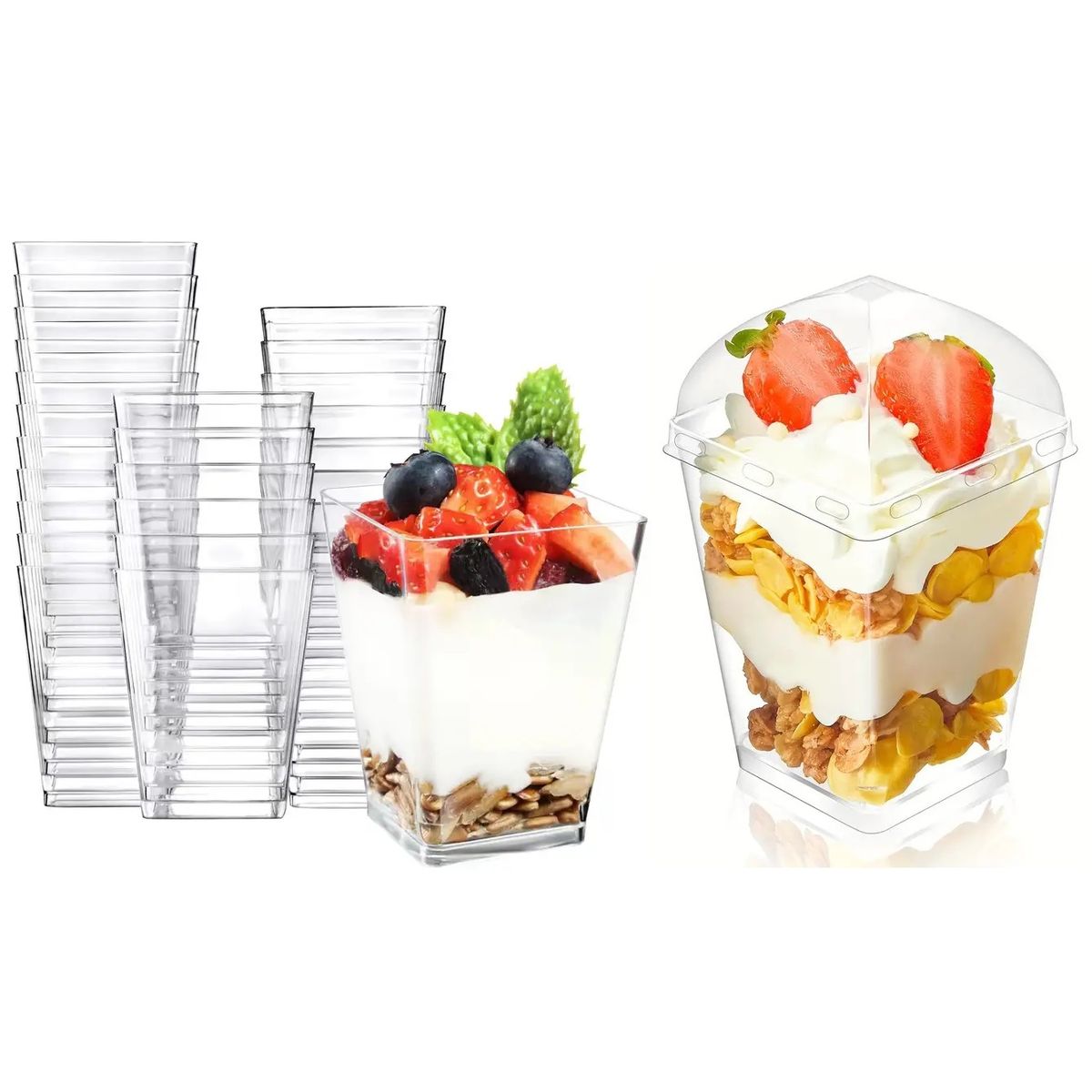 GENERICO - Pack X50 Vasos Acrílico Con Tapa Para Postres 150ml Pocillos Envases