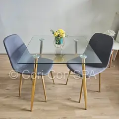 CORI CORI - Juego de Comedor Mesa Cuadrada Dorada + 2 Sillas Scoop Gris