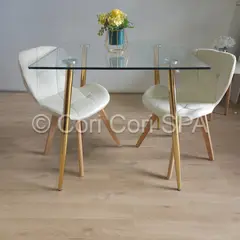 CORI CORI - Juego de Comedor Mesa Cuadrada Dorada + 2 Sillas Mariposa Velvet Beige