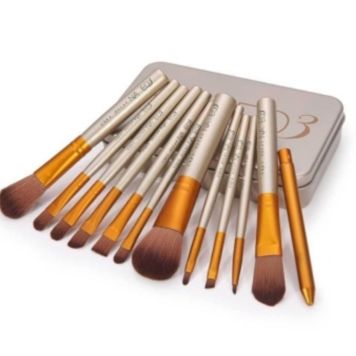 GENERICO - Set 12 Brochas Maquillaje Con Cajita Estuche Metálica Doradas