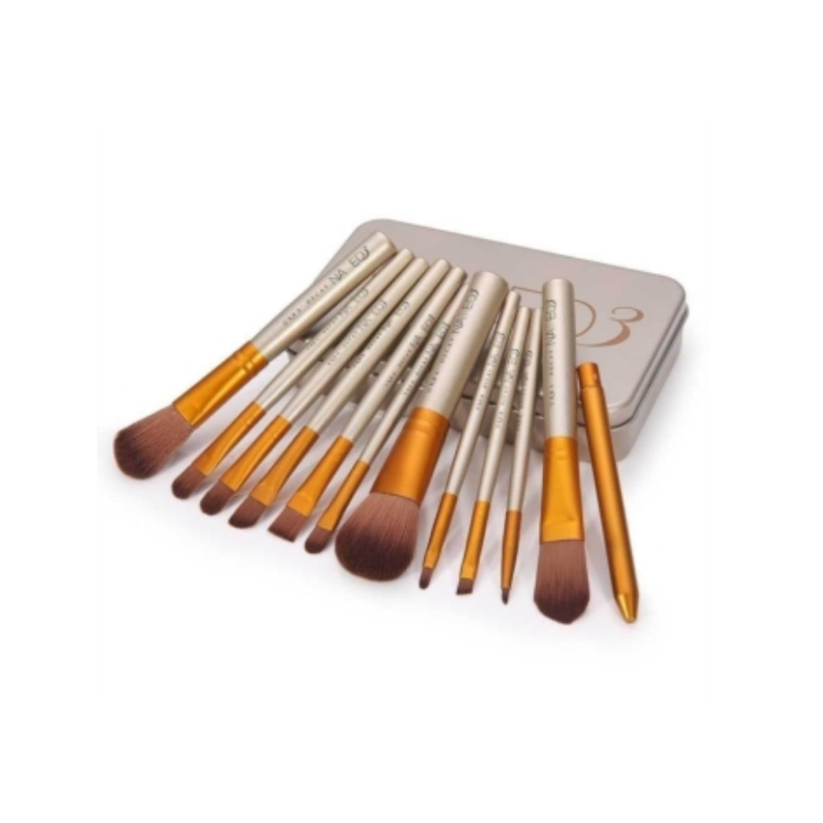 GENERICO - Set 12 Brochas Maquillaje Con Cajita Estuche Metálica Doradas