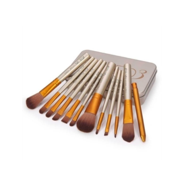 GENERICO - Set 12 Brochas Maquillaje Con Cajita Estuche Metálica Doradas