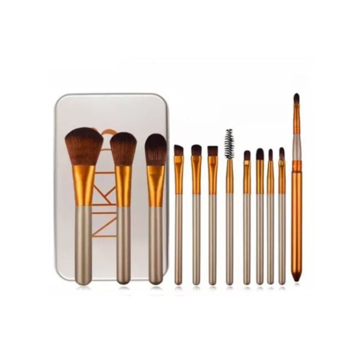 GENERICO - Set 12 Brochas Maquillaje Con Cajita Estuche Metálica Doradas