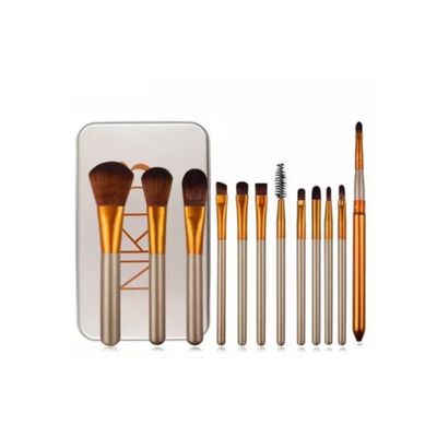 Imagen 2 del producto Set 12 Brochas Maquillaje Con Cajita Estuche Metálica Doradas