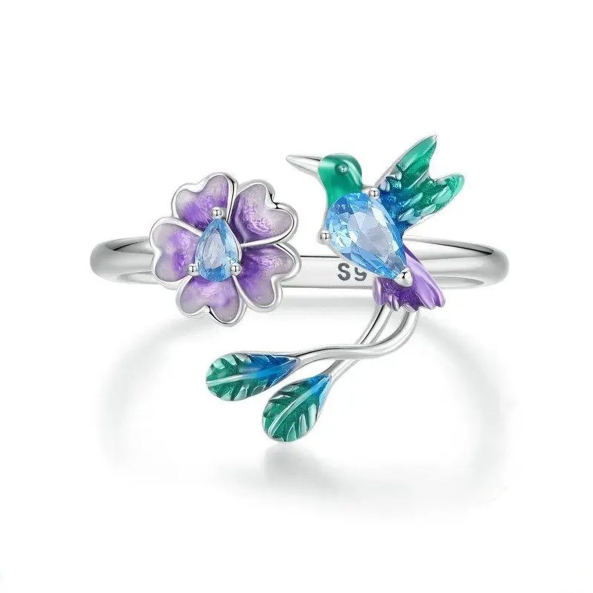 GENERICO - Anillo pajaro Colibrí multicolor plata 925 ajustable mujer joya