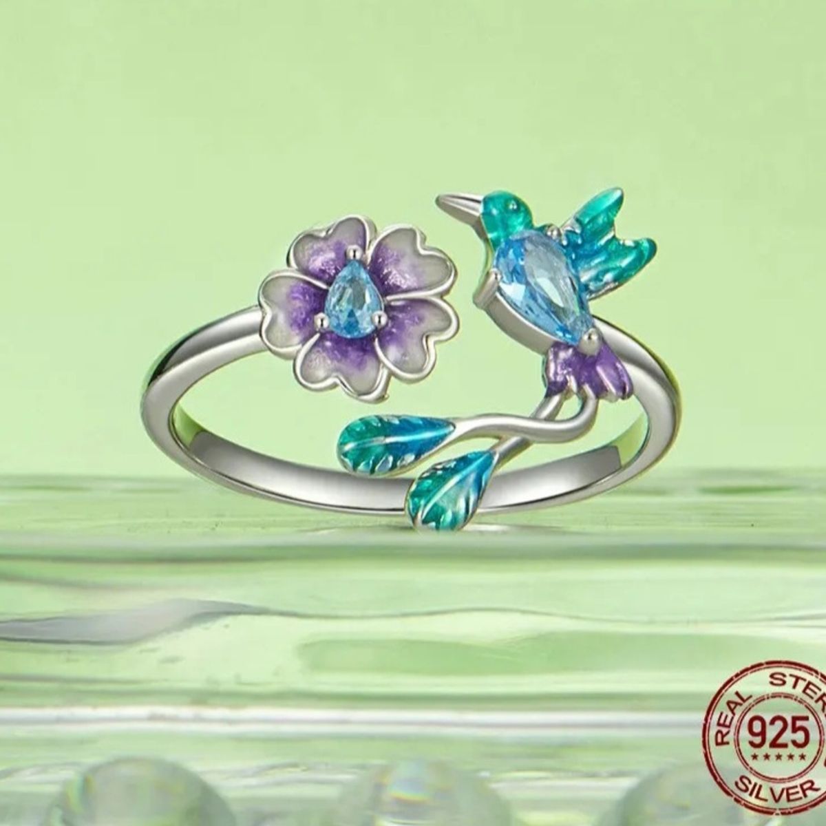 GENERICO - Anillo pajaro Colibrí multicolor plata 925 ajustable mujer joya