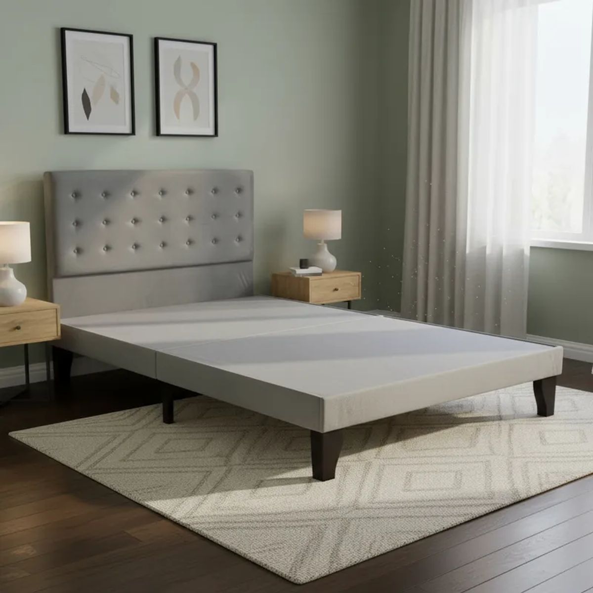 FLOBAL - Cama Europea 2 Plazas Base Dividida + Respaldo Abotonada gris