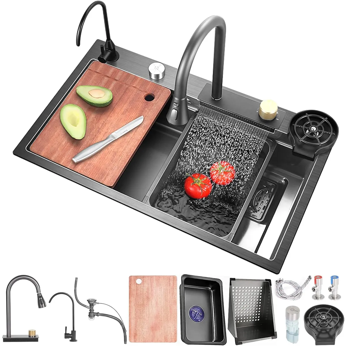 BLUEDREAMER - Lavaplatos Multifuncional Cascada Acero Inoxidable 80x45cm Negro