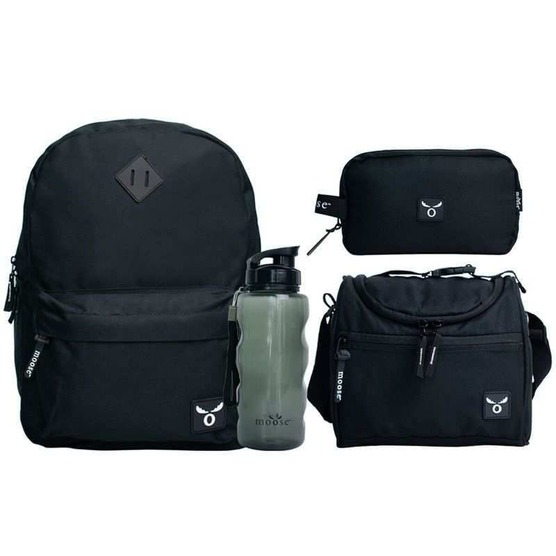 MOOSE - Pack 4 Piezas Mochila Boston Negro, Lonchera, Estuche y Botella Moose