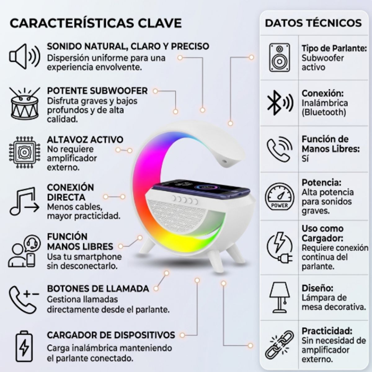 GENERICO - Lámpara De Mesa 3 en 1 Altavoz Bluetooth  Parlante Cargador Reloj