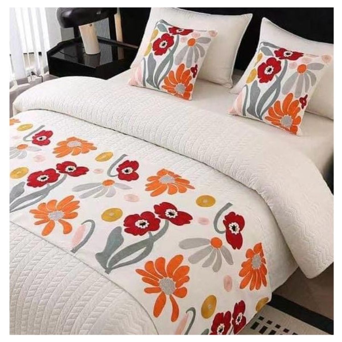 COMPRAPO - Set Piecera 210X60 + 2 Fundas Bordadas Vivo Flores Cama King/2 Pzas