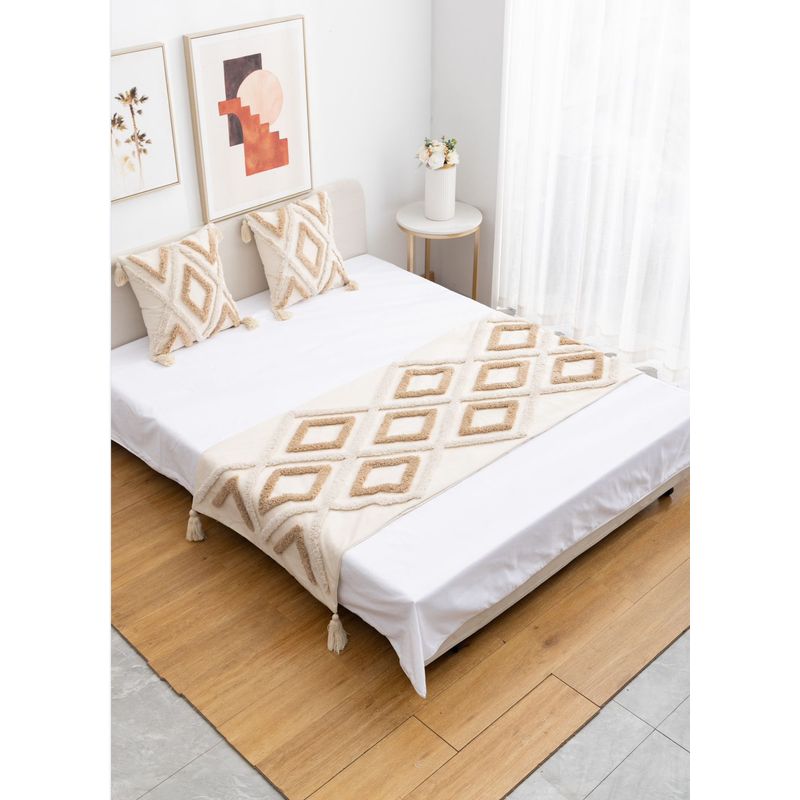 GENERICO - piecera boho con borlas más dos fundas de cojin cama 2 plazas y king
