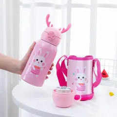 GENERICO - Termo De Agua Infantil Kawaii 500ml Con Funda Y Cuerda Rosado