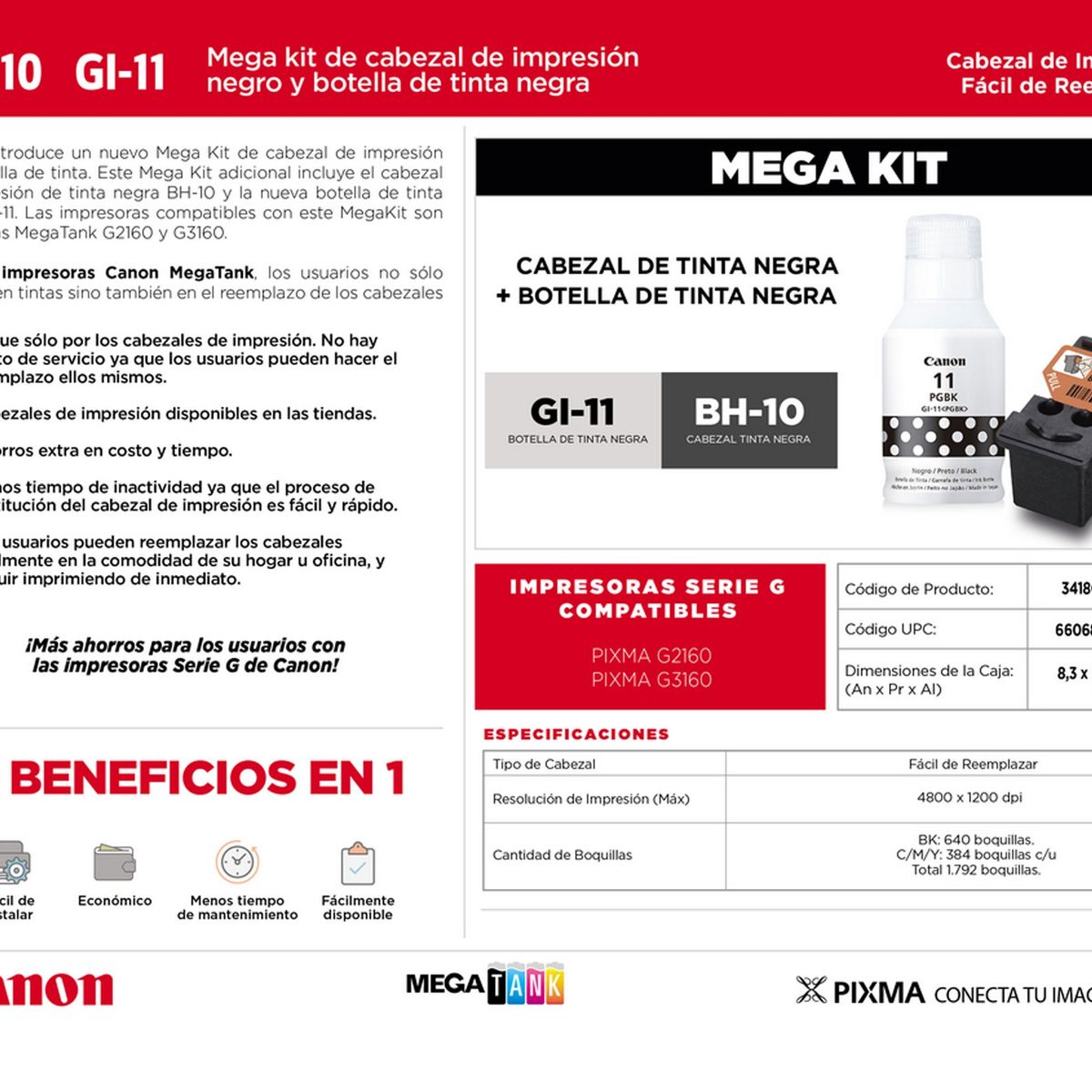 CANON - Kit Cabezal Canon BH-10 Negro Genuino Tinta Gi-11 Bk G2160 G3160