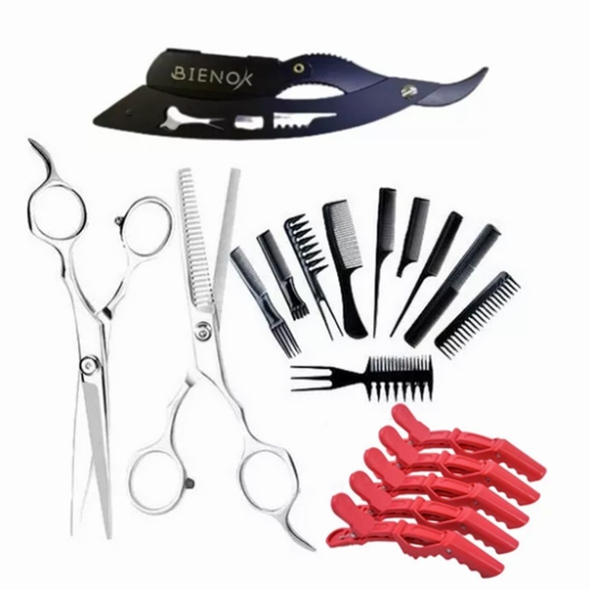 GENERICO - Kit Peluquería Navaja Con Set 5 Pinzas, 2 Tijeras Y Set De 10 Peines.