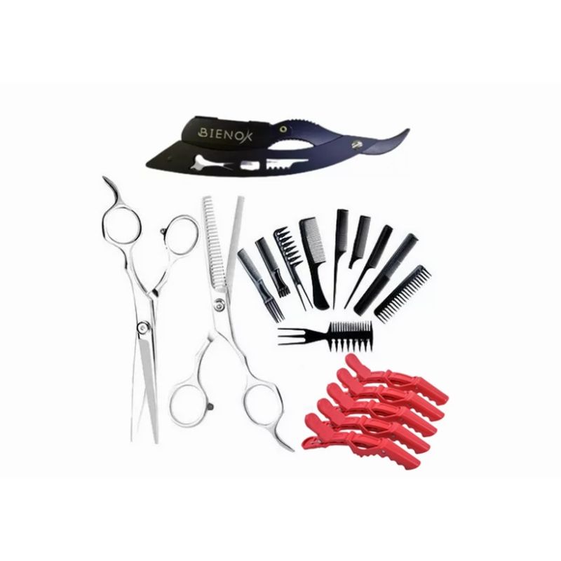 GENERICO - Kit Peluquería Navaja Con Set 5 Pinzas, 2 Tijeras Y Set De 10 Peines.