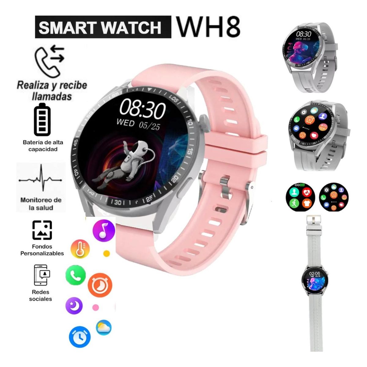 UNIVERSAL - Reloj Wh8 Inteligente Smartwatch Rosado  Recibe Llamadas