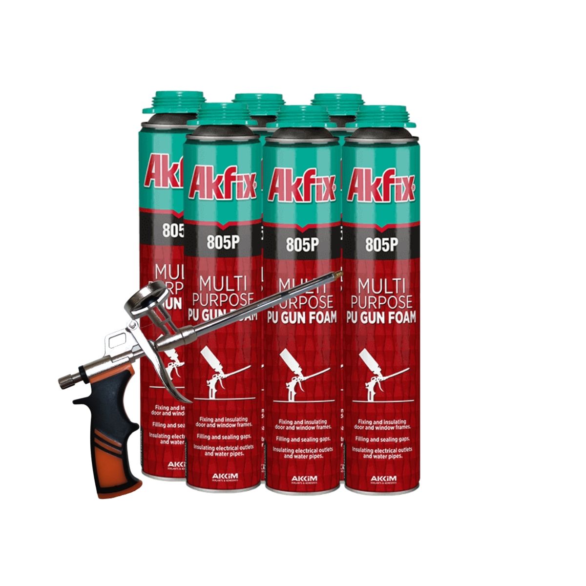 AKFIX - 6x Espuma Poliuretano Multiuso 805p Akfix  Pistola