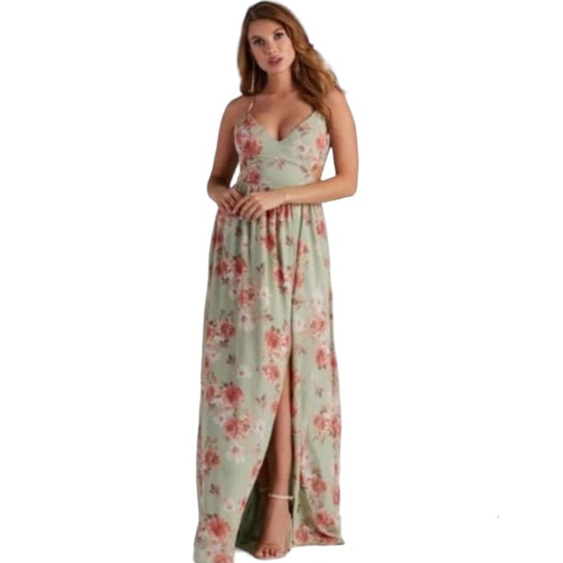 LUNA - Vestido Fiesta Floreado Verde Elegante Mujer