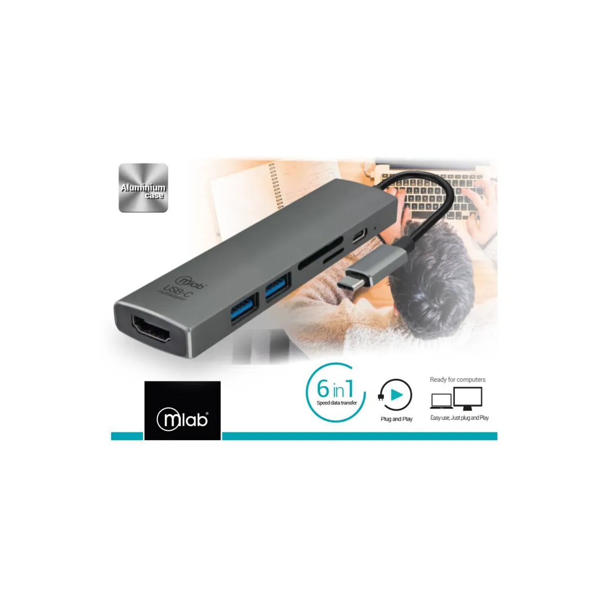 MLAB - Adaptador Mlab 6 En 1 Tipo C A Hdmi Usb 3.0x2 Sd Tf Pd