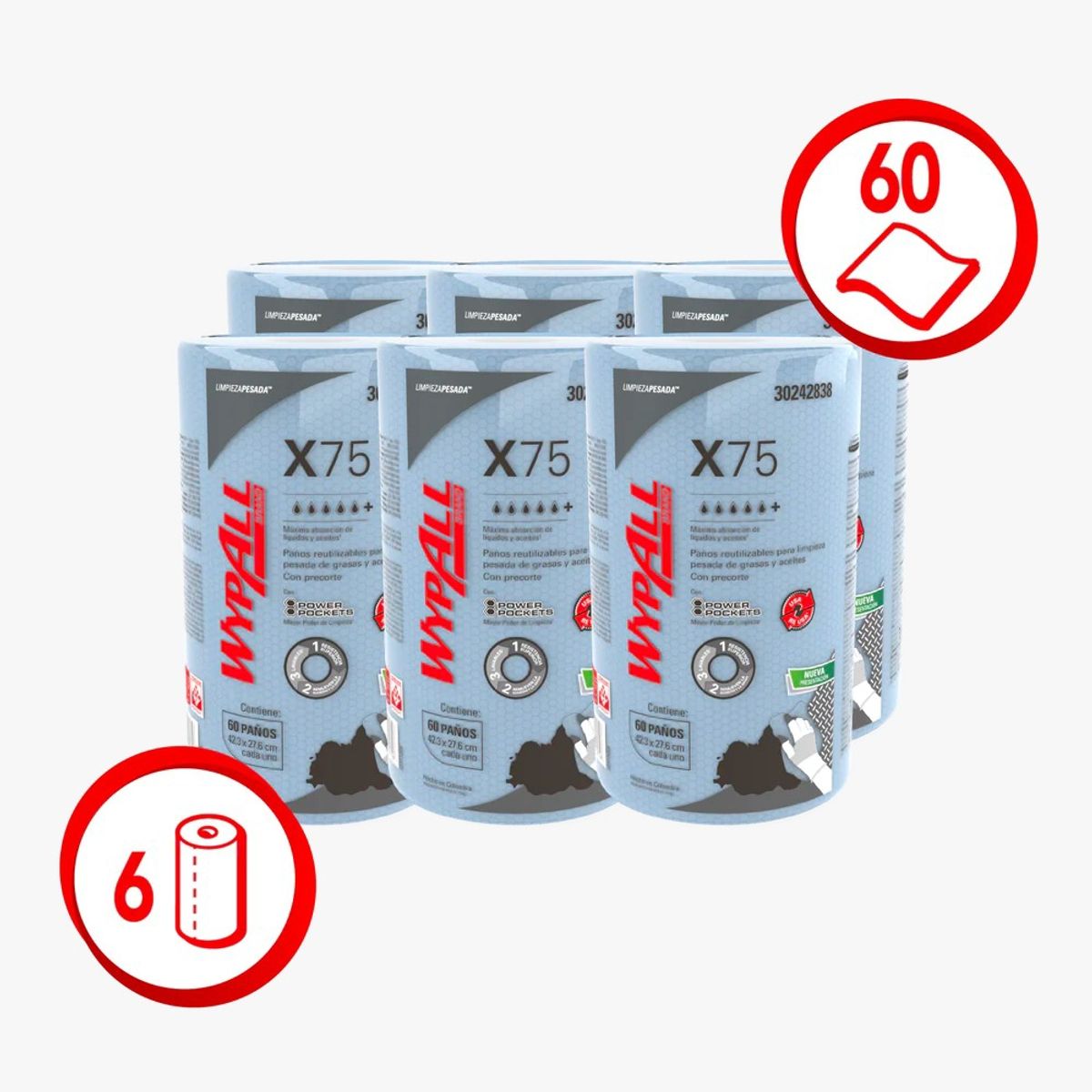 GENERICO - Wypall X75 Azul 6 rollos de 60 paños. Kimberly Clark