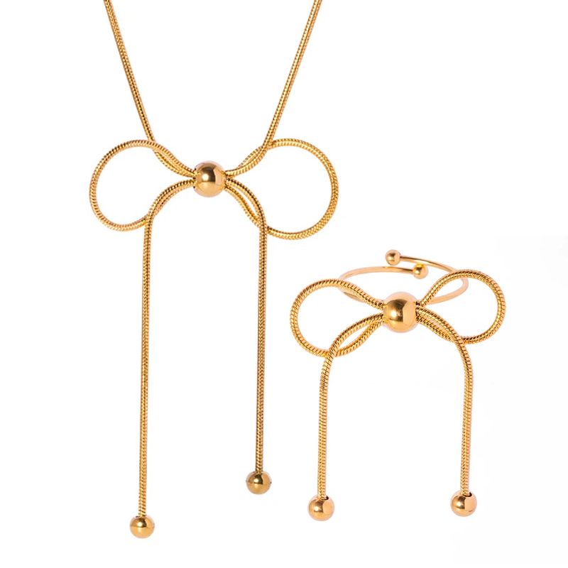GENERICO - Set Collar  Anillo De Lazo Coquette Nudo Acero Baño Oro 18k