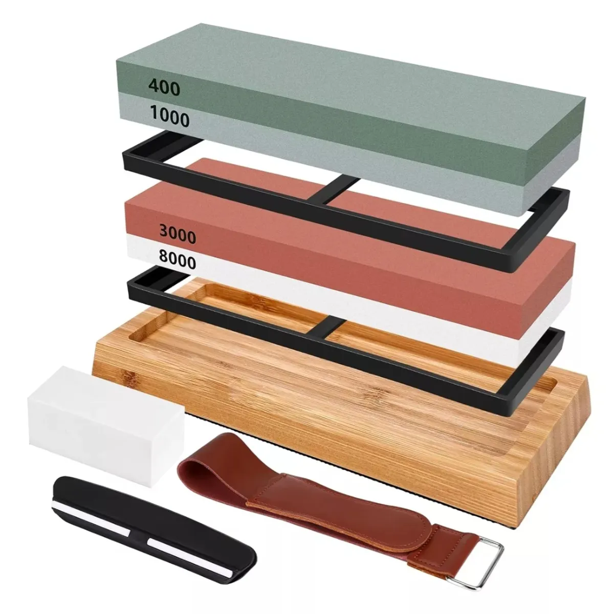 GENERICO - Set Piedras De Afilar 4001000 30008000  Base Bambú  Guía