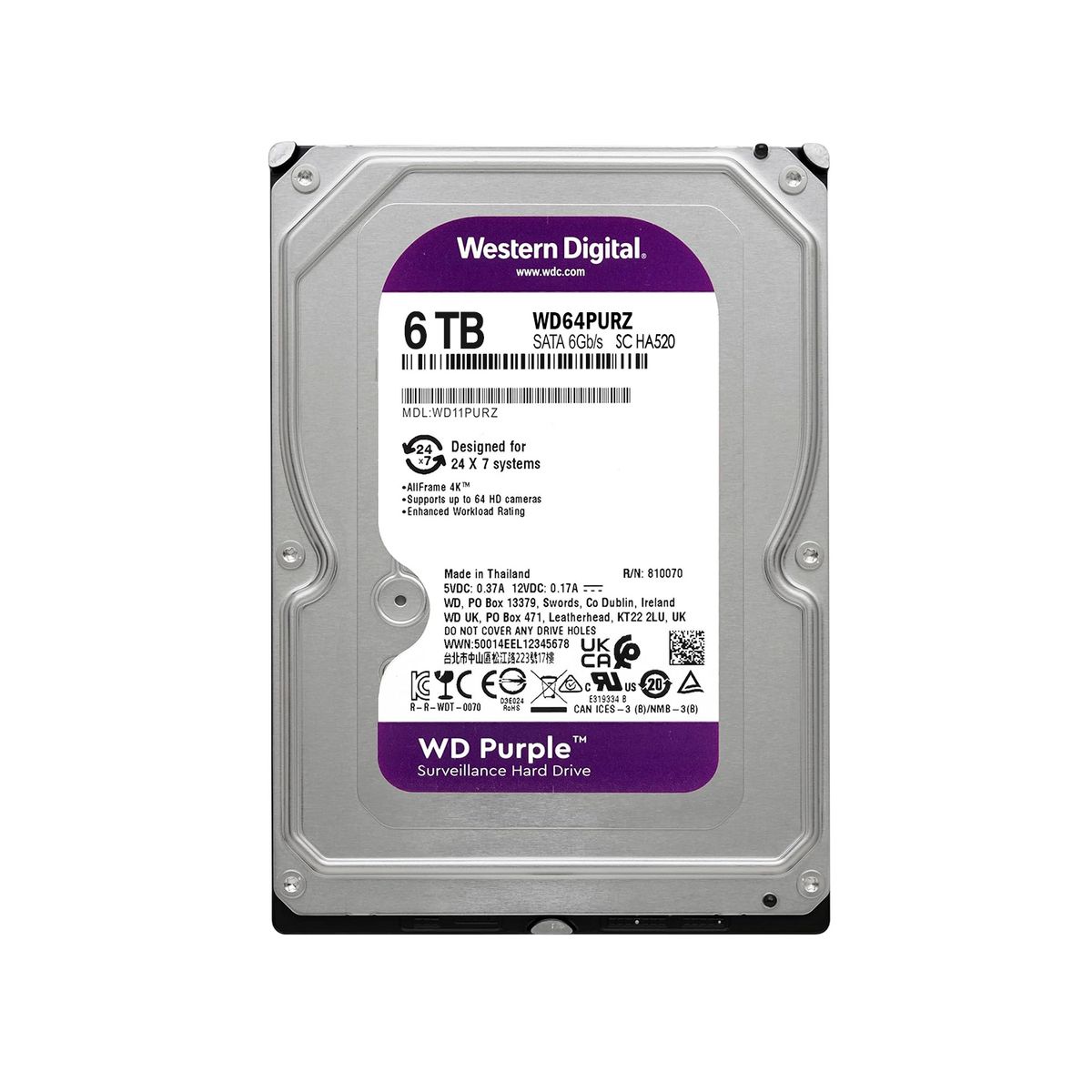 WESTERN DIGITAL - Disco Duro Interno Western Digital Purple 6TB PC / DVR / NVR