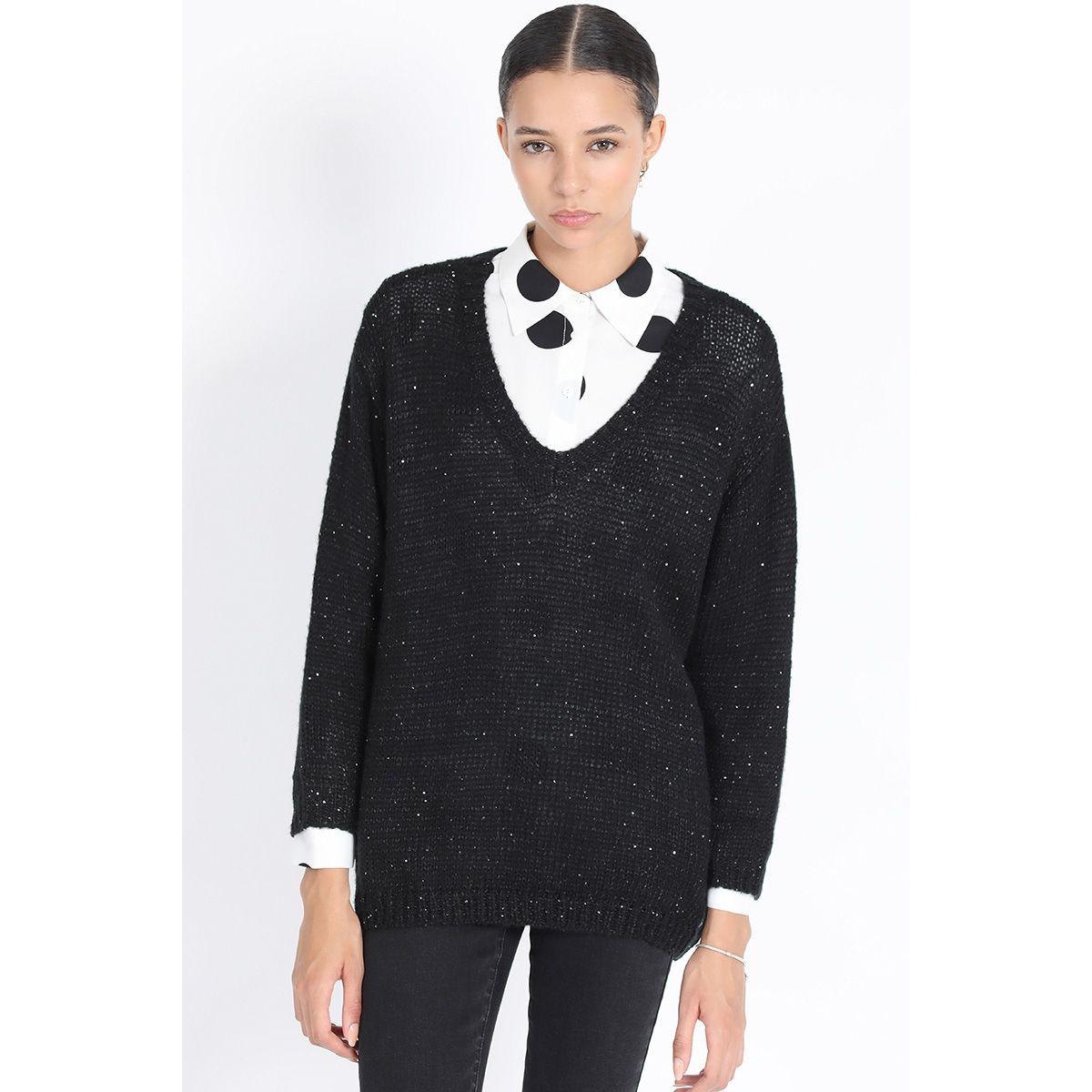 LIOLA - Tejido Punto Relax Mix Lentejuelas, Negro Liola