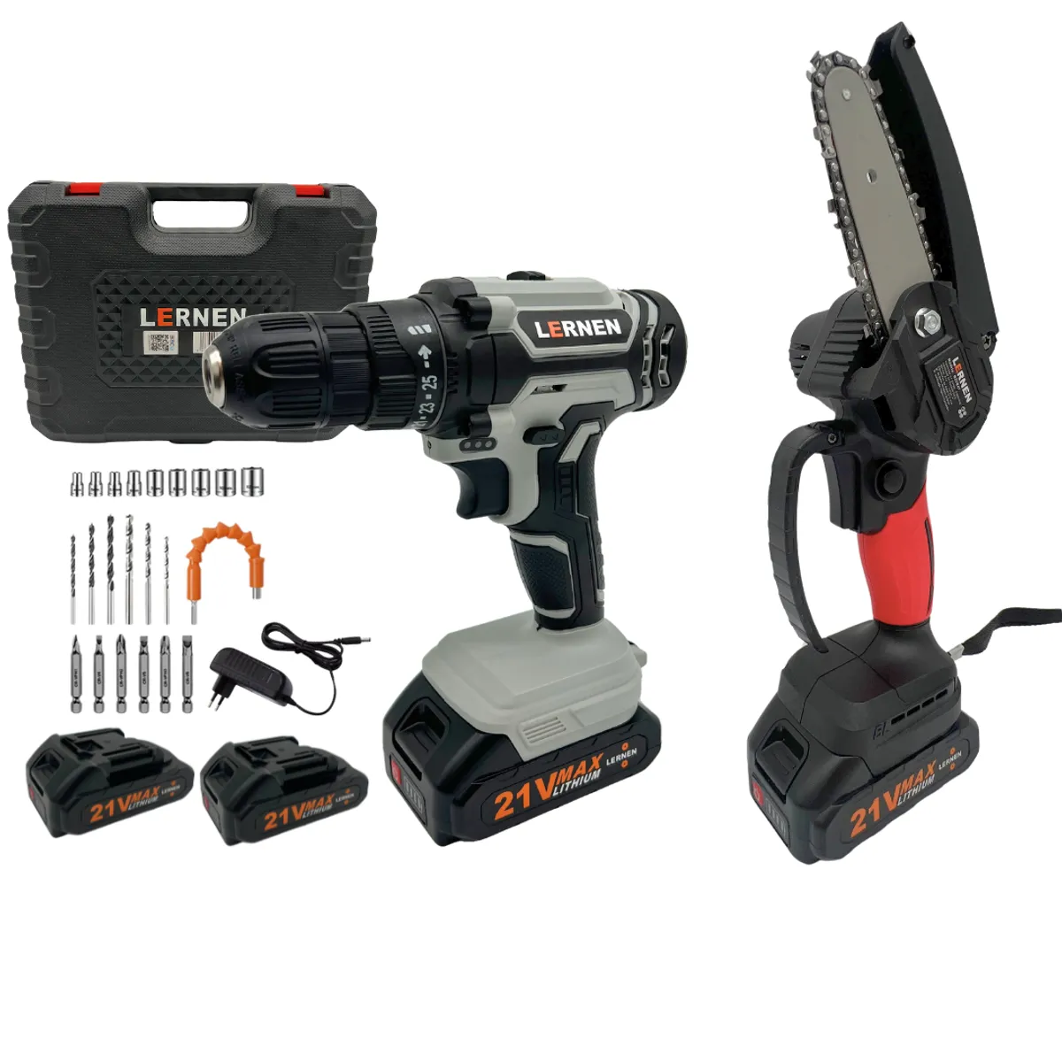 LERNEN - Pack Taladro Inalambrico + Motosierra Podadora - 4 Baterías.