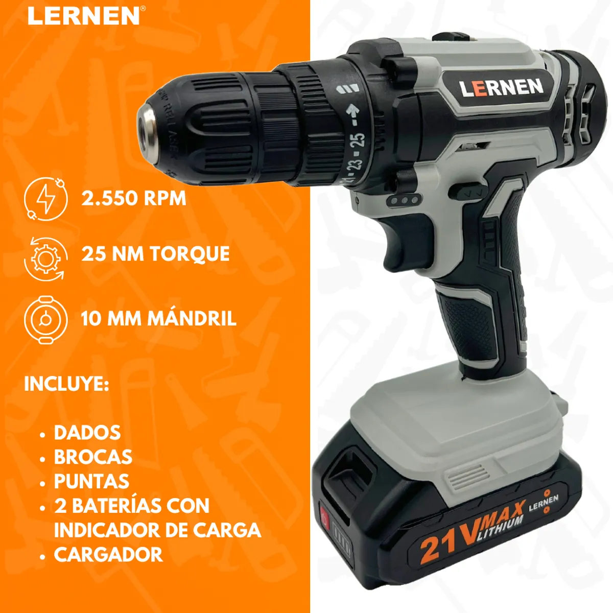 LERNEN - Pack Taladro Inalambrico + Motosierra Podadora - 4 Baterías.