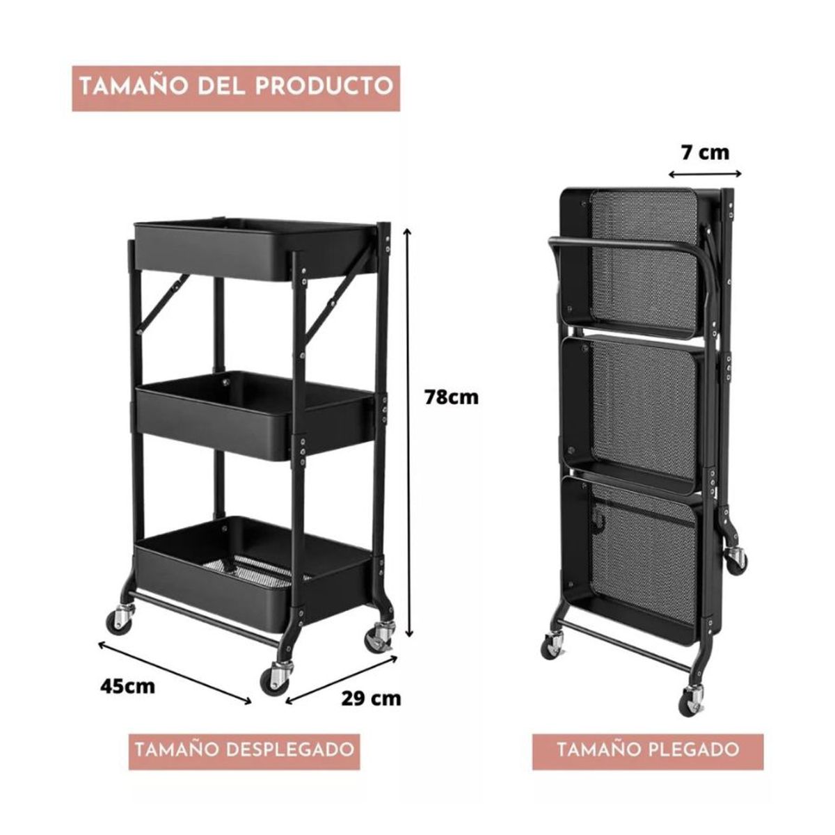 GENERICO - Organizador Carro Plegable Multiuso De 3 Niveles Negro