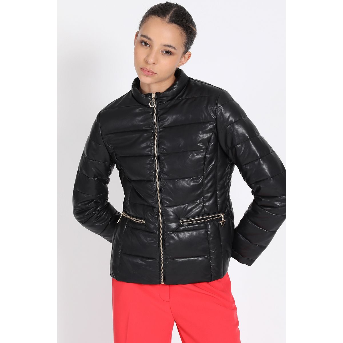 LIOLA - Parka Corta Efecto Cuero, Negro Liola