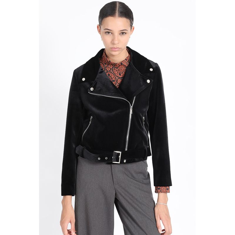 LIOLA - Chaqueta Biker Terciopelo Con Bordado, Negro Liola