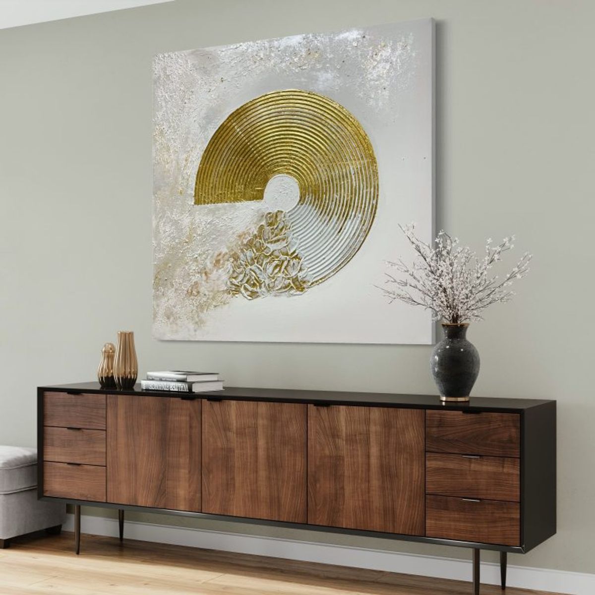 GENERICO - CUADROS PINTADOS A MANO ABSTRACTO GRIS Y DORADO PINTURA ESFERA