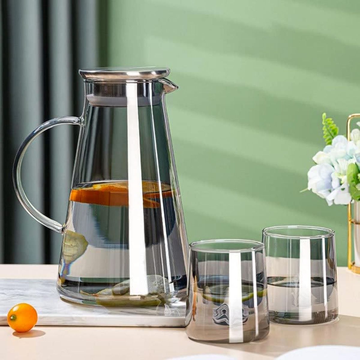 SANTU HOME & DECO - Set Tetera De Vidrio Con 6 Vasos Negro Liso