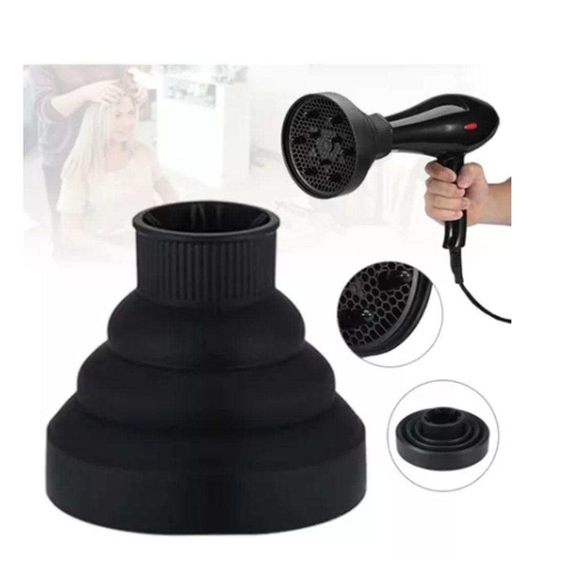 GENERICO - Difusor Plegable De Silicona Para Secador De Cabello NEGRO.