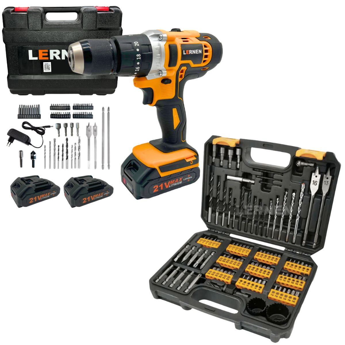 LERNEN - Pack Taladro Inalámbrico Percutor 13mm 2 Baterías Set 99 Brocas