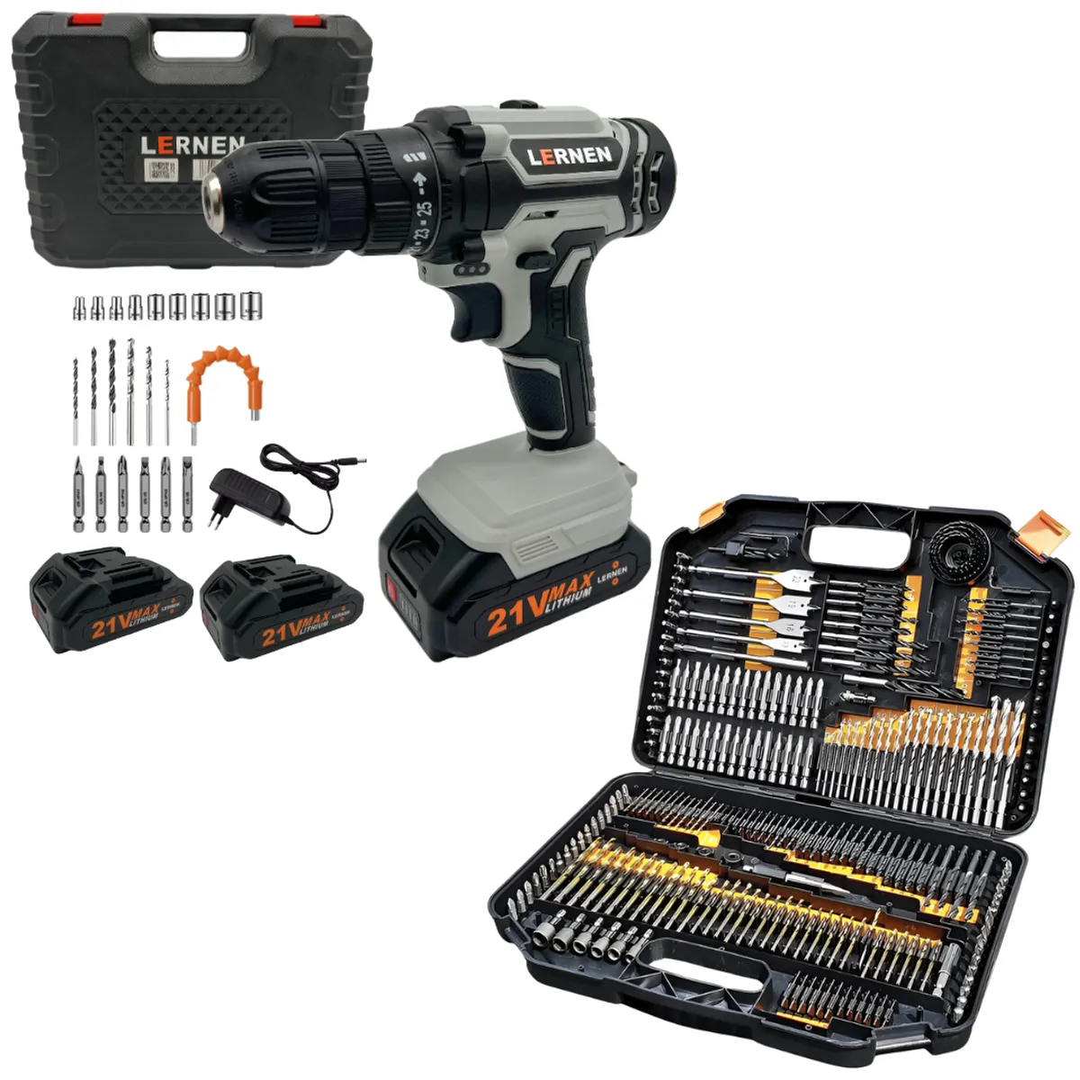 LERNEN - Taladro Destornillador Inalámbrico 21v 2 Baterías + 246 Brocas